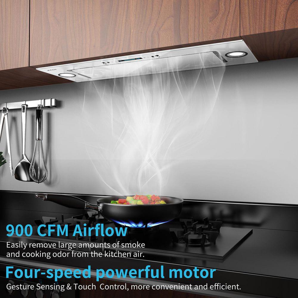 iKTCH 30 in 900 CFM Ducted Insert Range Hood in Stainless Steel and White Glass with LED Lights