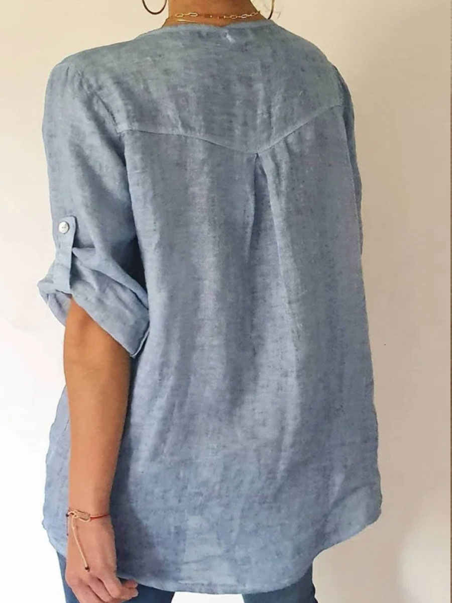 Round Neck Casual Loose Solid Color Long-sleeved Blouse