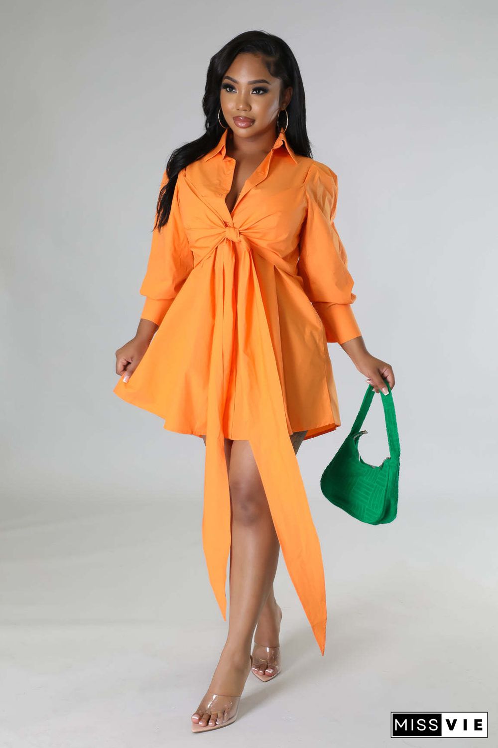 Solid Color Bowknot Decor Long Sleeve Shirt Dress