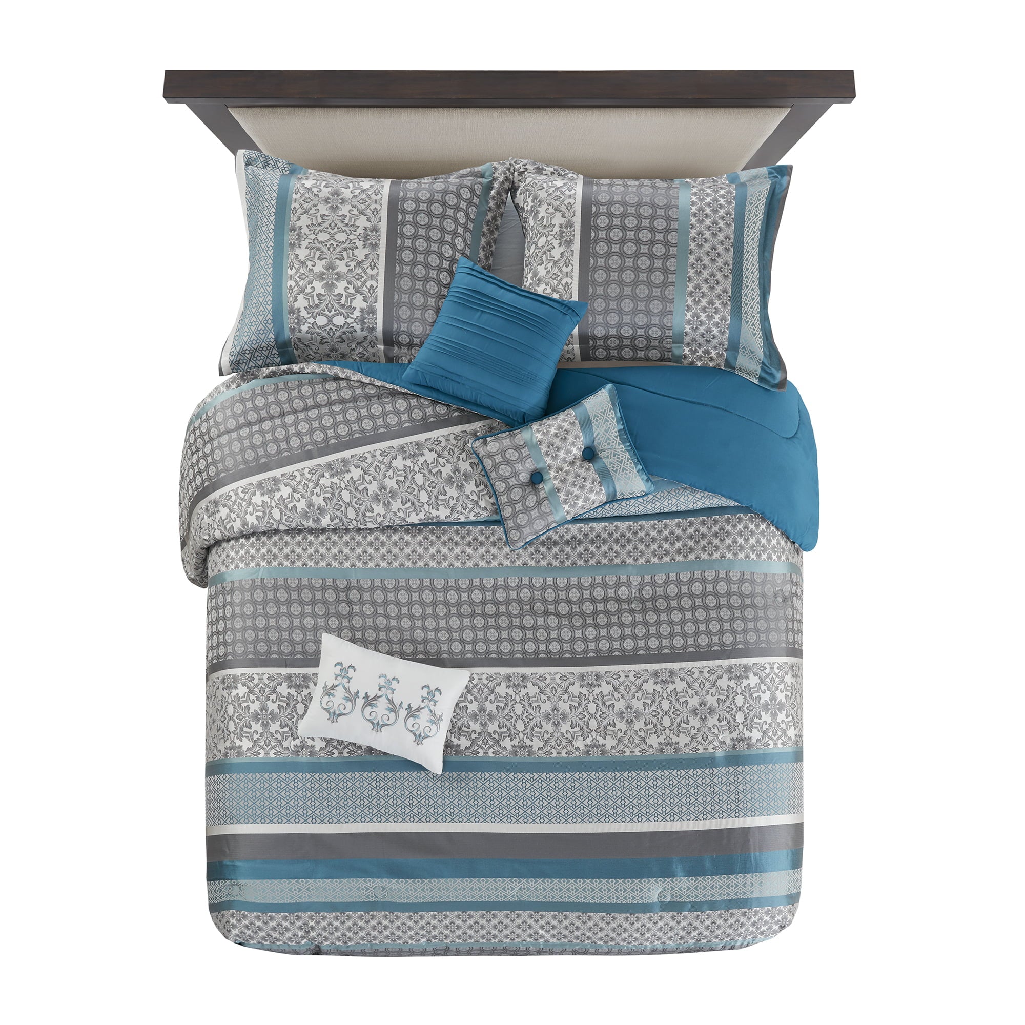 Mainstays 7 Piece Princeton Woven Jacquard Comforter Bed Set， Teal Stripe， Full/Queen