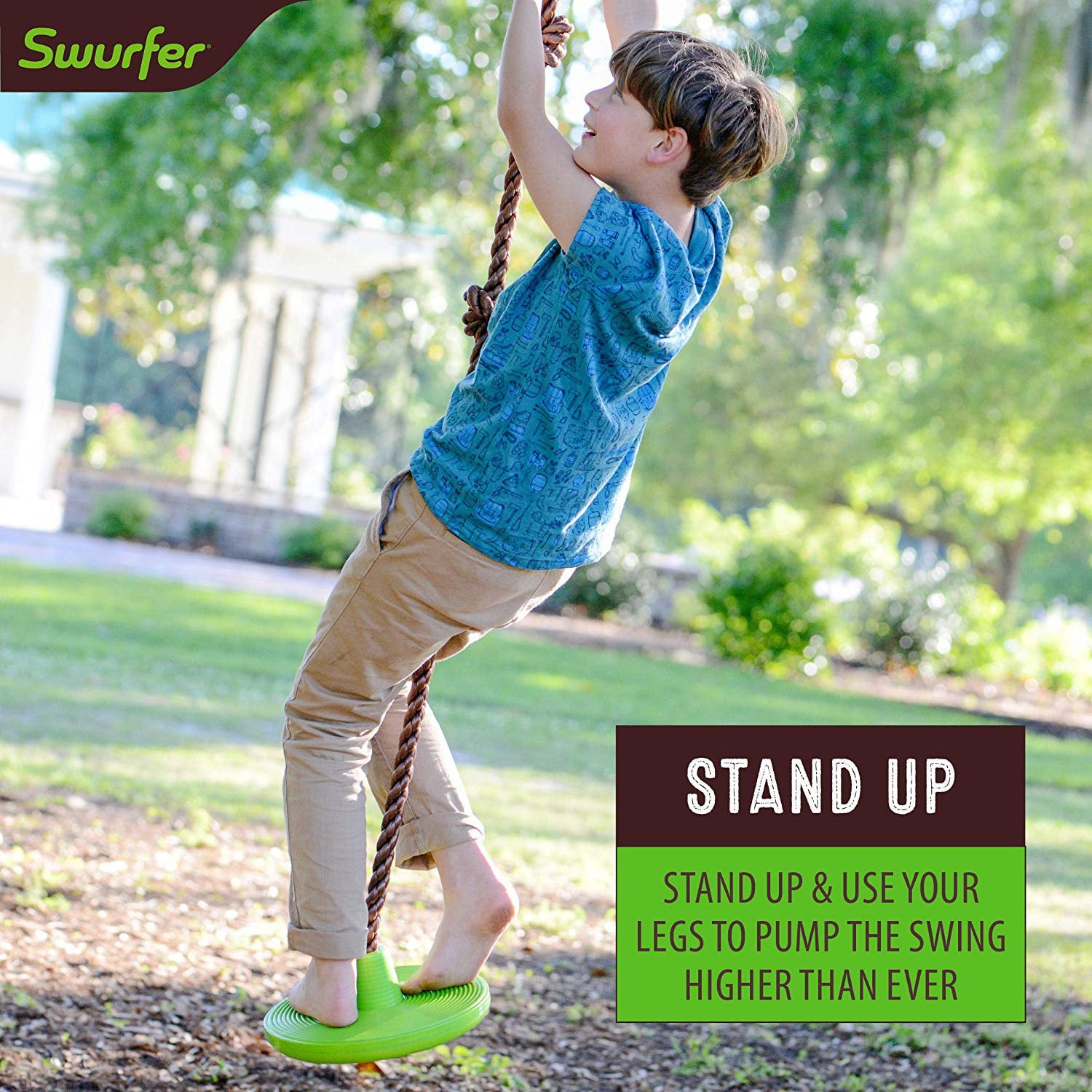 Swurfer Disco 3-in-1 Outdoor Swing to Sit， Stand， and Climb for Ages 4 and Up