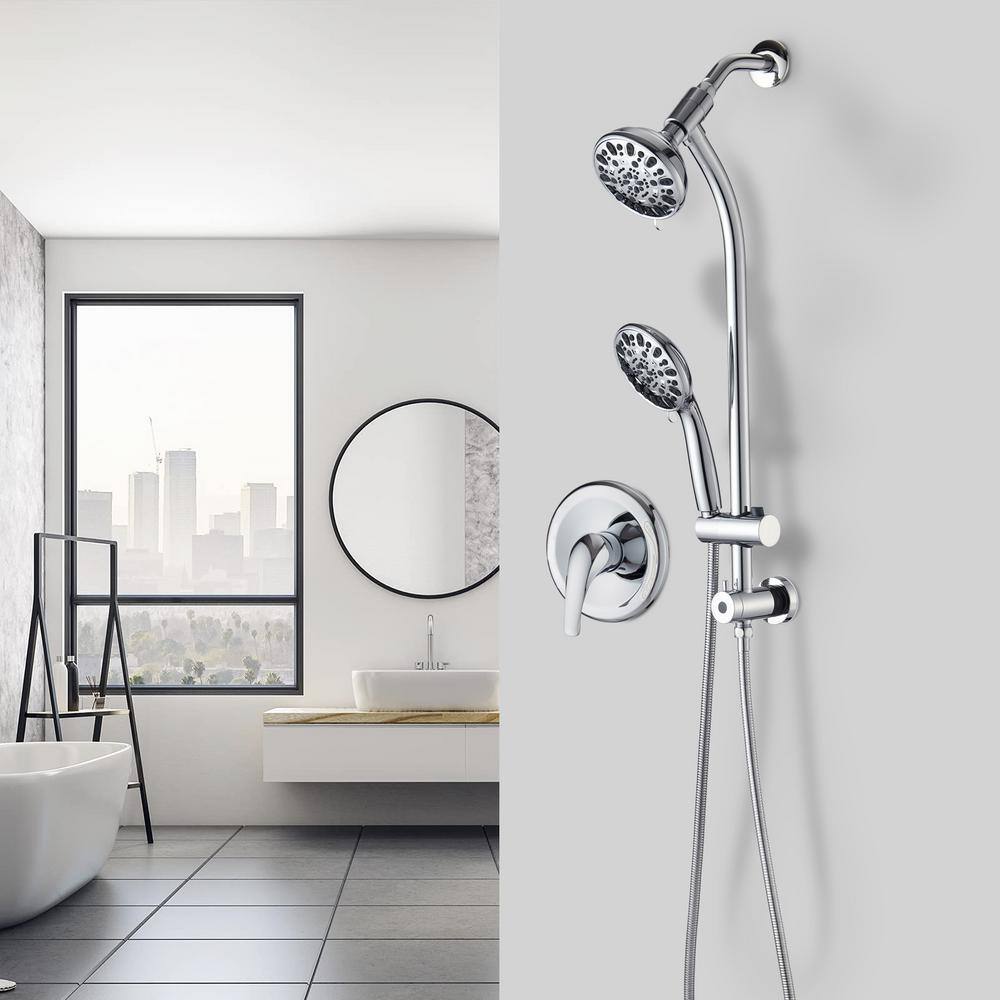 PROOX 7-Spray Patterns with 1.8 GPM 5 in. Wall Mount Dual Shower Heads with Drill Free Slide Bar and Valve in Chrome PRAE428CH