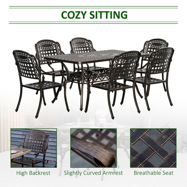 Outsunny 7Piece Patio Dining Set Cast Aluminium Outdoor Furniture Set 6 Armchairs and Table with Umbrella Hole，Bronze