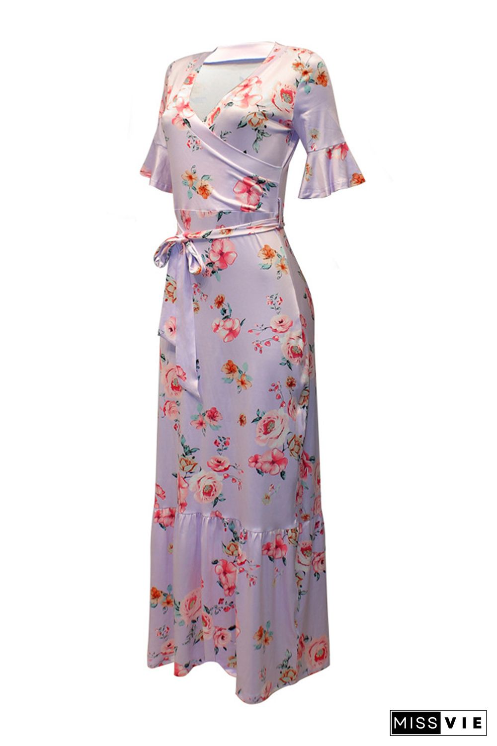 Wrap V Neck Waist Belt Ruffle Floral Maxi Dress Wholesale