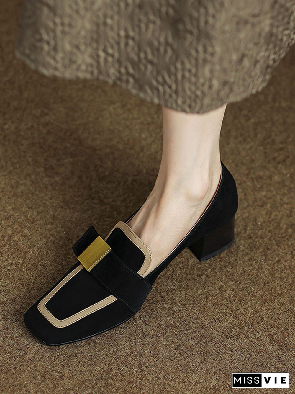 Contrast Color Square-Toe Mid Heels Loafers