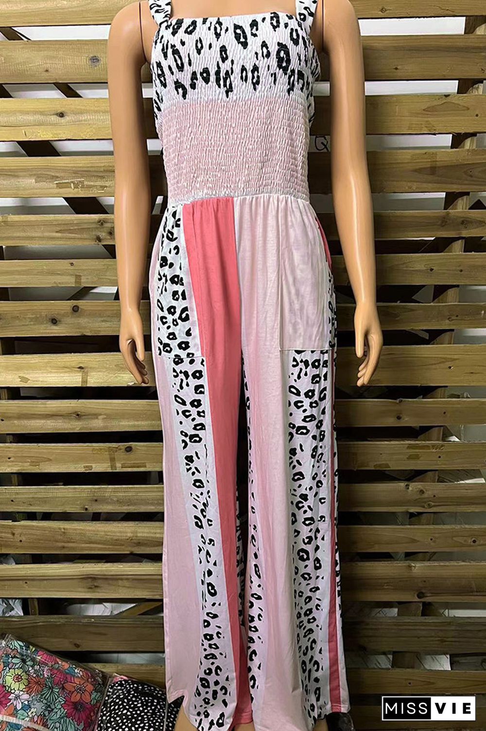 Color Block Leopard Smocked Cami Wide Leg Jumpsuit