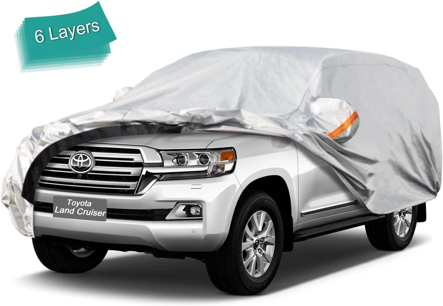 KouKou SUV Car Cover Custom Fit Toyota Land Cruiser from 1990 to 2022， 6 Layer Heavy Duty Full Exterior Cover Waterproof All Weather， Silver