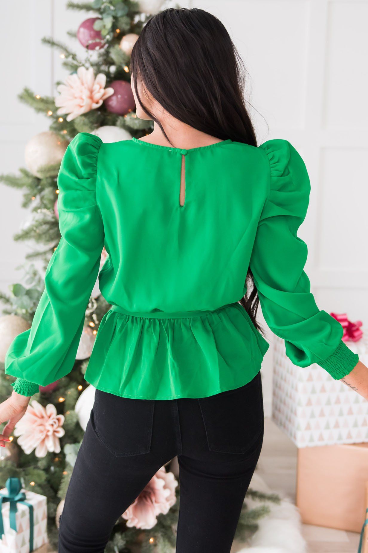 Santa's Helper Puff Sleeve Modest Blouse