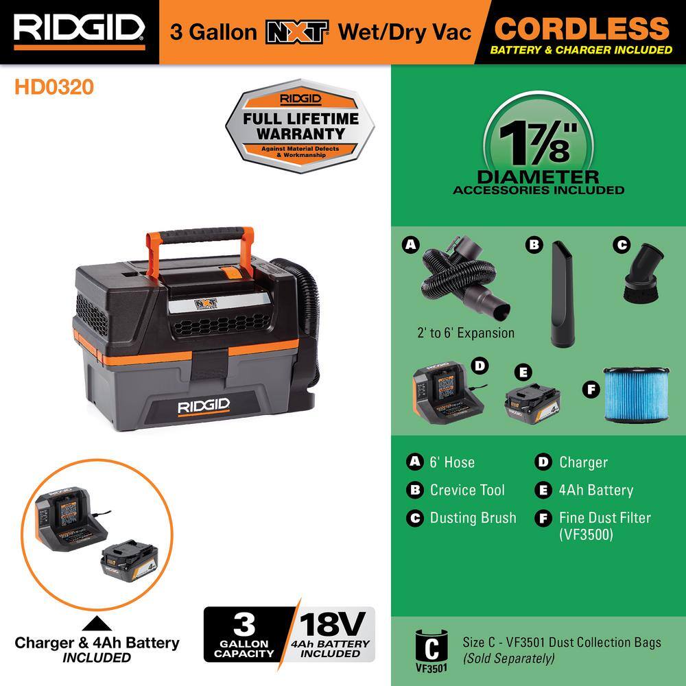 RIDGID 3 Gal. 18-Volt Cordless Handheld NXT WetDry Vacuum with Battery Charger Fine Dust Filter Hose and Accessories HD0320