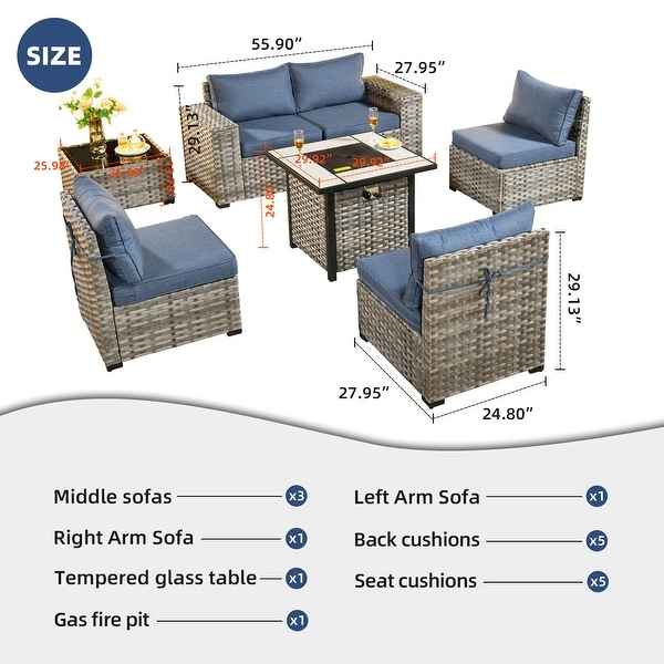 OVIOS Patio Wicker Furniture Wide Arm 7piece Fire Pit Set with Table