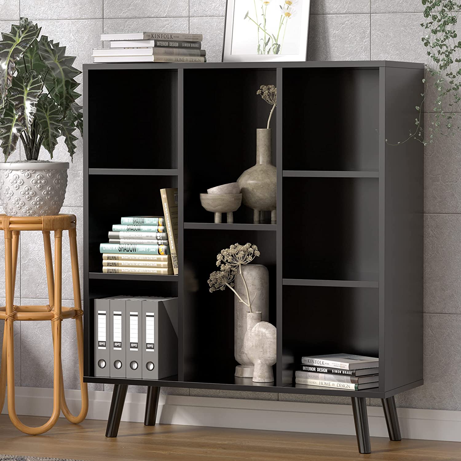 Small Freestanding Bookshelf 8 Storages Wood Book Shelves with Anti-Tilt Device for Bedroom, Office, Living Room