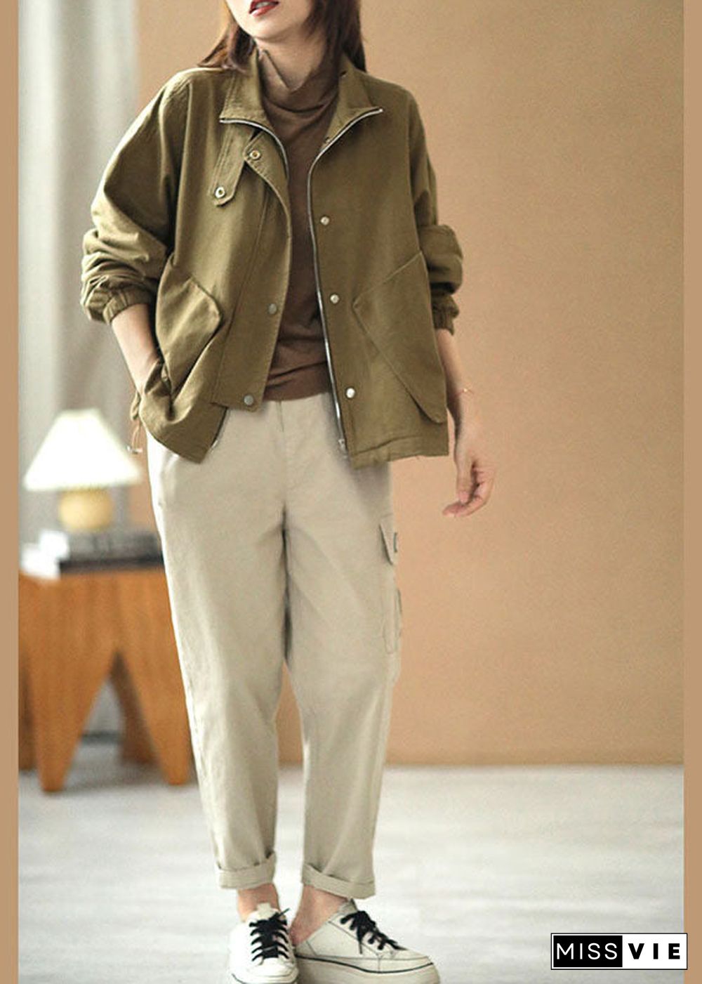 Simple Khaki Stand Collar Zippered Pockets Button Fall Jacket Long Sleeve