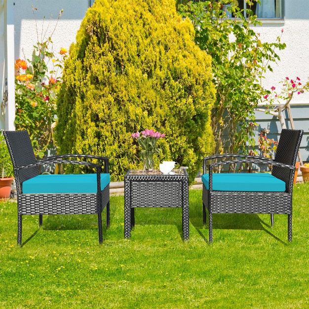 Tangkula 3 Pieces Patio Set Outdoor Wicker Rattan Furniture W Cushions Turquoise