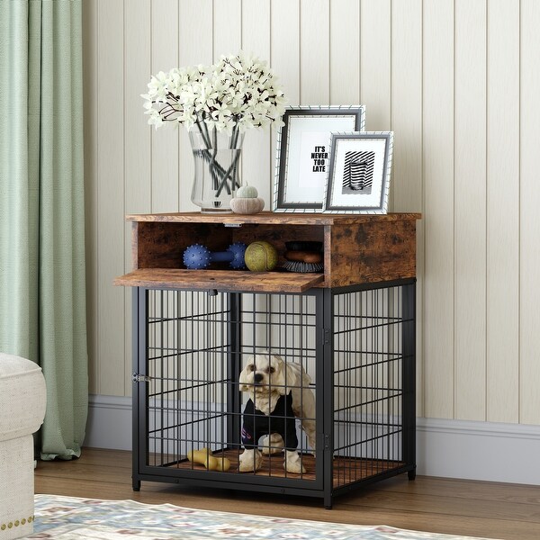 Furniture Style Wood，with Dog Crate，End Table with Storage Console(Rustic Brown; 19.69''w x 22.83''d x 26.97''h) - 26.97