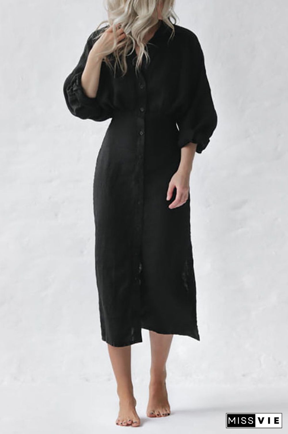 Button Bat Sleeve Midi Shirt Dress