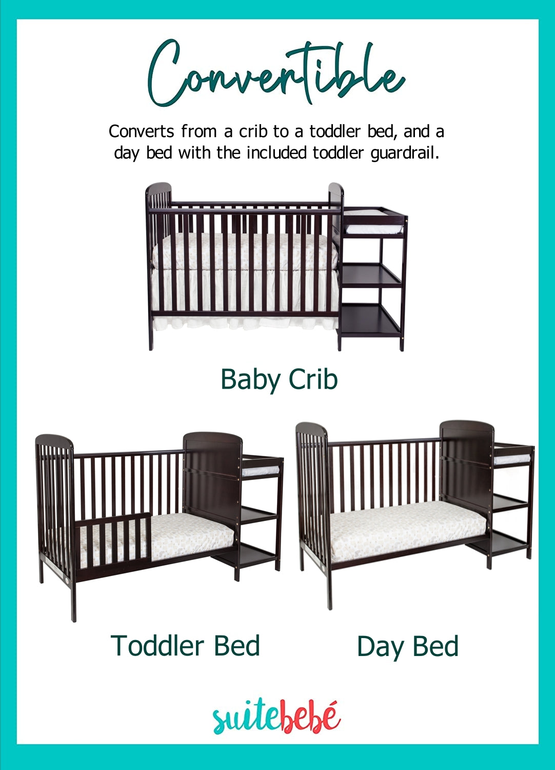 Suite Bebe Ramsey Crib and Changer Combo & Guardrail Bundled Espresso