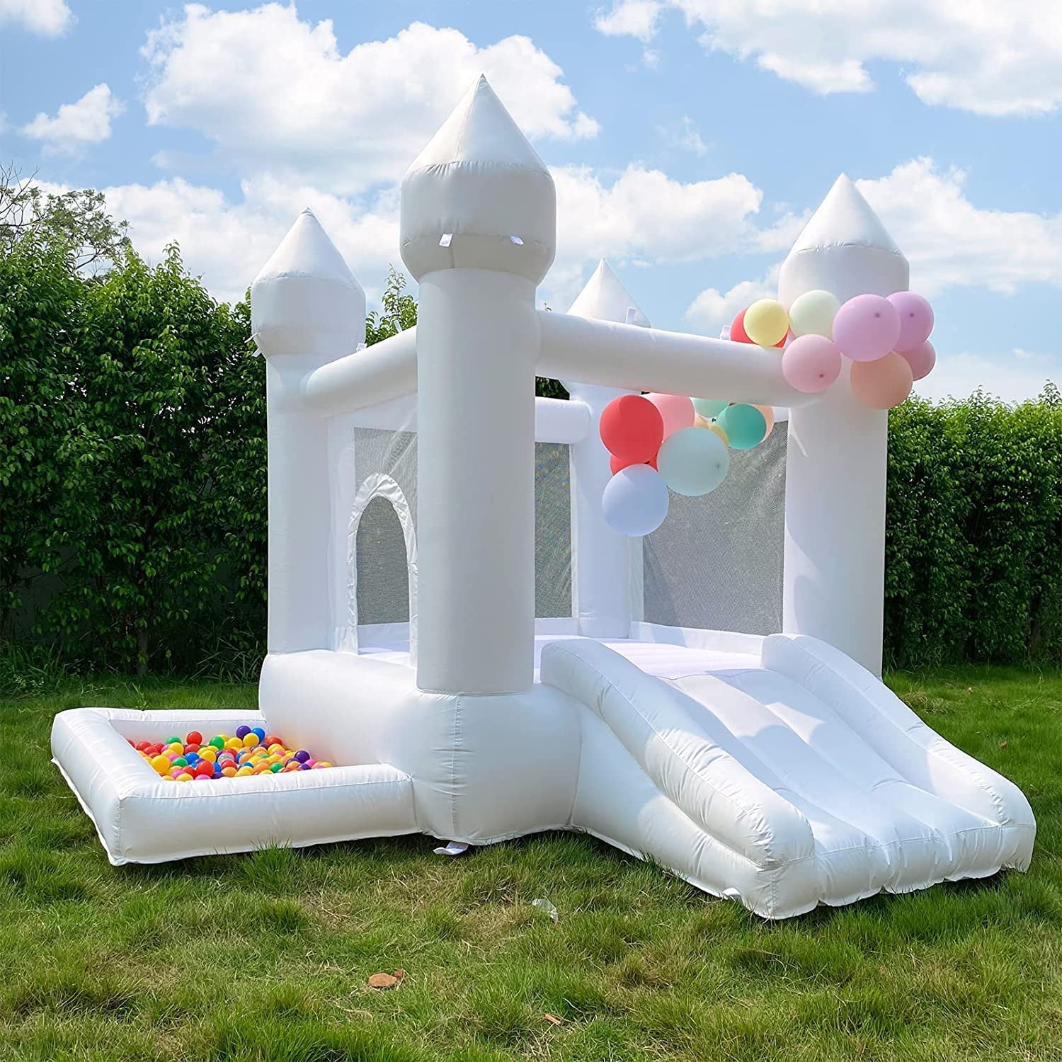 Connsann White Bounce House with Air Blower White Bouncy Castle with Slide and Ball Pit for Home Birthday Party Gift for Kids/Toddler (9x9FT White)