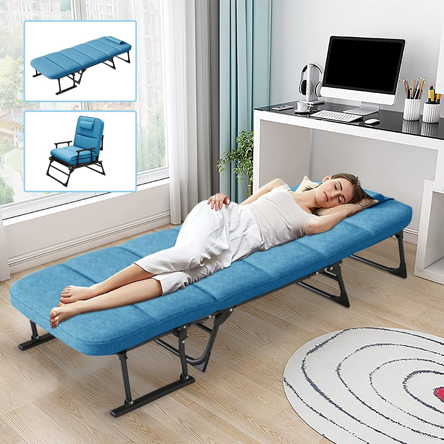 ABORON Folding Sofa Bed with Mattress and Pillow ， 6 Position Adjustable Folding Home Guest Bed， Foldaway Convertible Rest Cots for Adults Kids