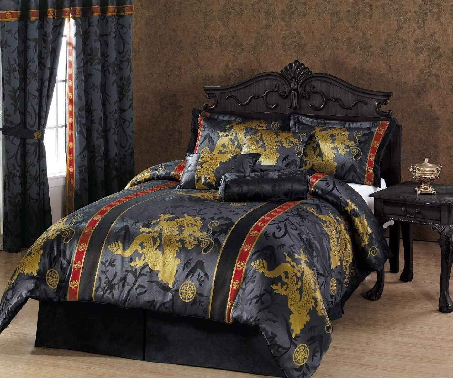 Chezmoi Collection 7-Piece Palace Dragon Black Gold Red Jacquard Comforter Set， California King