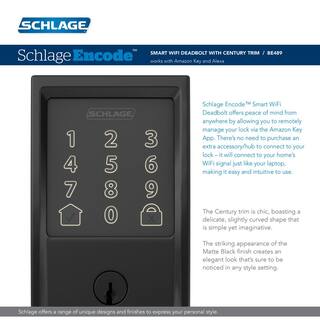 Schlage Century Aged Bronze Electronic Encode Smart WiFi Deadbolt with Alarm BE489WB CEN 716