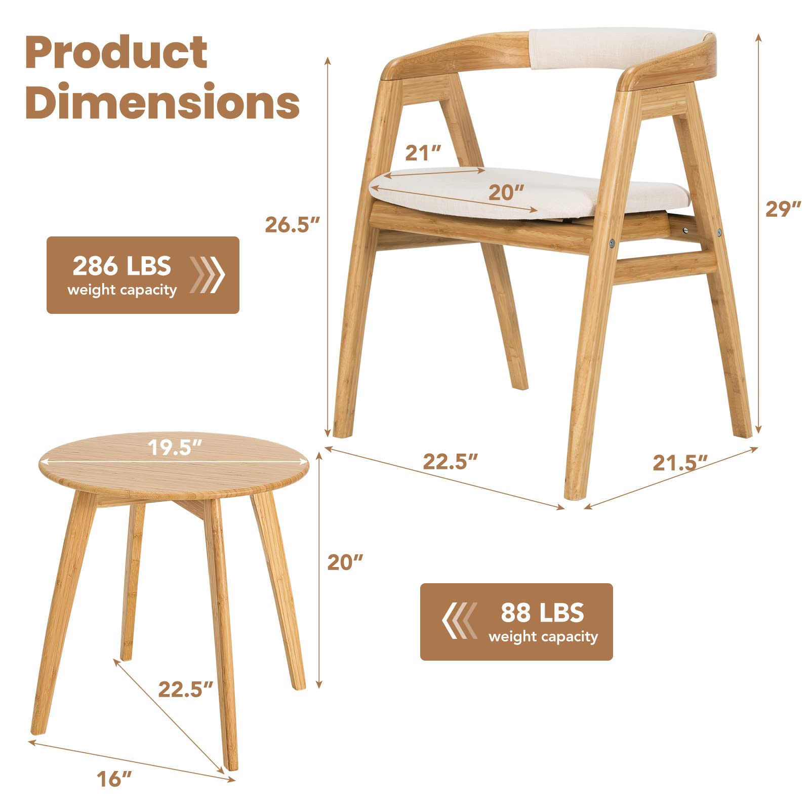 Bamboo Accent Chair with Table Set, 2-Piece Home Furniture w/Round Coffee Table & Upholstered Fabric Accent Armchair w/Curved Back