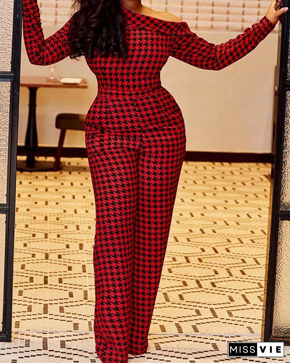 Hot Sale Plaid Print Long Sleeve Slant Shoulder Loose Jumpsuit