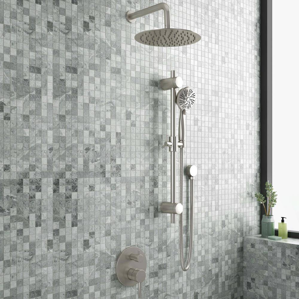 PULSE Showerspas Refuge 6-Spray Patterns with 1.8 GPM 10 in. Wall Mounted Dual Showerheads with Slide Bar and Valve in Brushed Nickel 3006-BN-1.8GPM