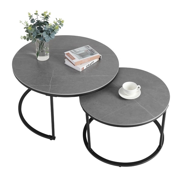 Nesting Coffee Table Black Metal Frame with Round Sintered Stone Top - 31.5x17.7 inch