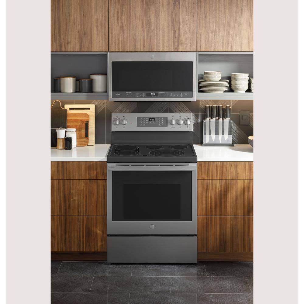 GE Profile 30 in. 5.3 cu. ft. Freestanding Electric Range in Fingerprint Resistant Stainless with True Convection and Air Fry PB935YPFS