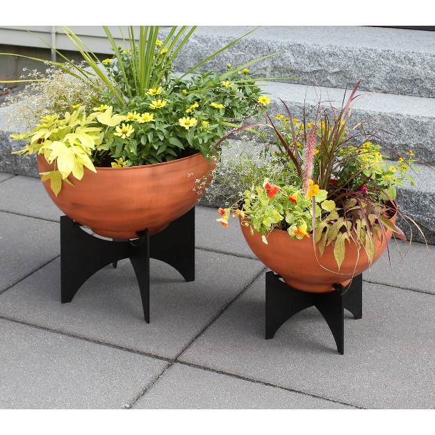 Wide Galvanized Steel Planter Bowl With Black Wrought Iron Plant Stand Burnt Sienna