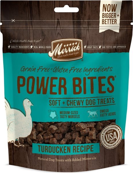 Merrick Power Bites Turducken Recipe Grain-Free Soft and Chewy Dog Treats