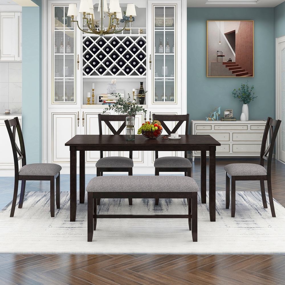 6 Piece Dining Table Set  Rectangular Dining Table  4 Chairs and Bench