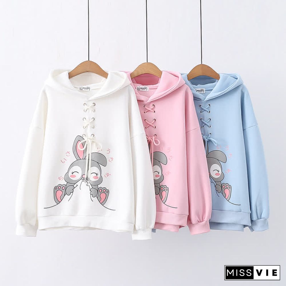 Cartoon Rabbit Print Lace Up Loose Plush Hoodie