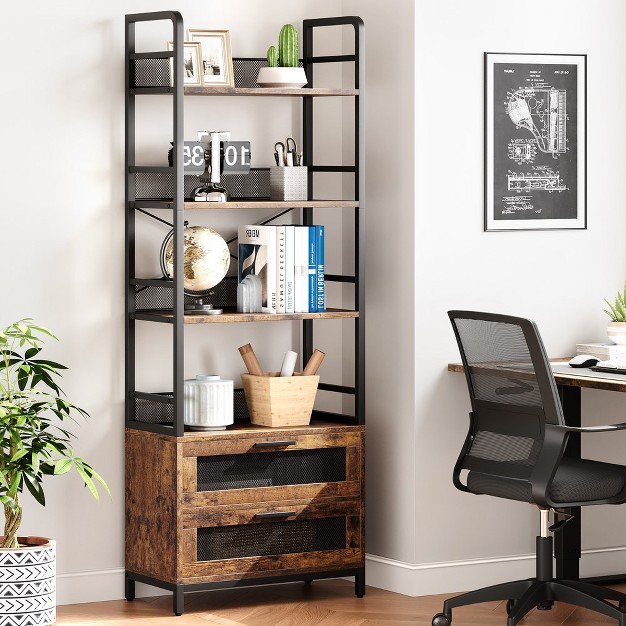 Trinity Bookshelf With Drawers Industrial Bookcase With 4 Tiers Open Storage Shelves For Bedroom Living Room Home Office Brown