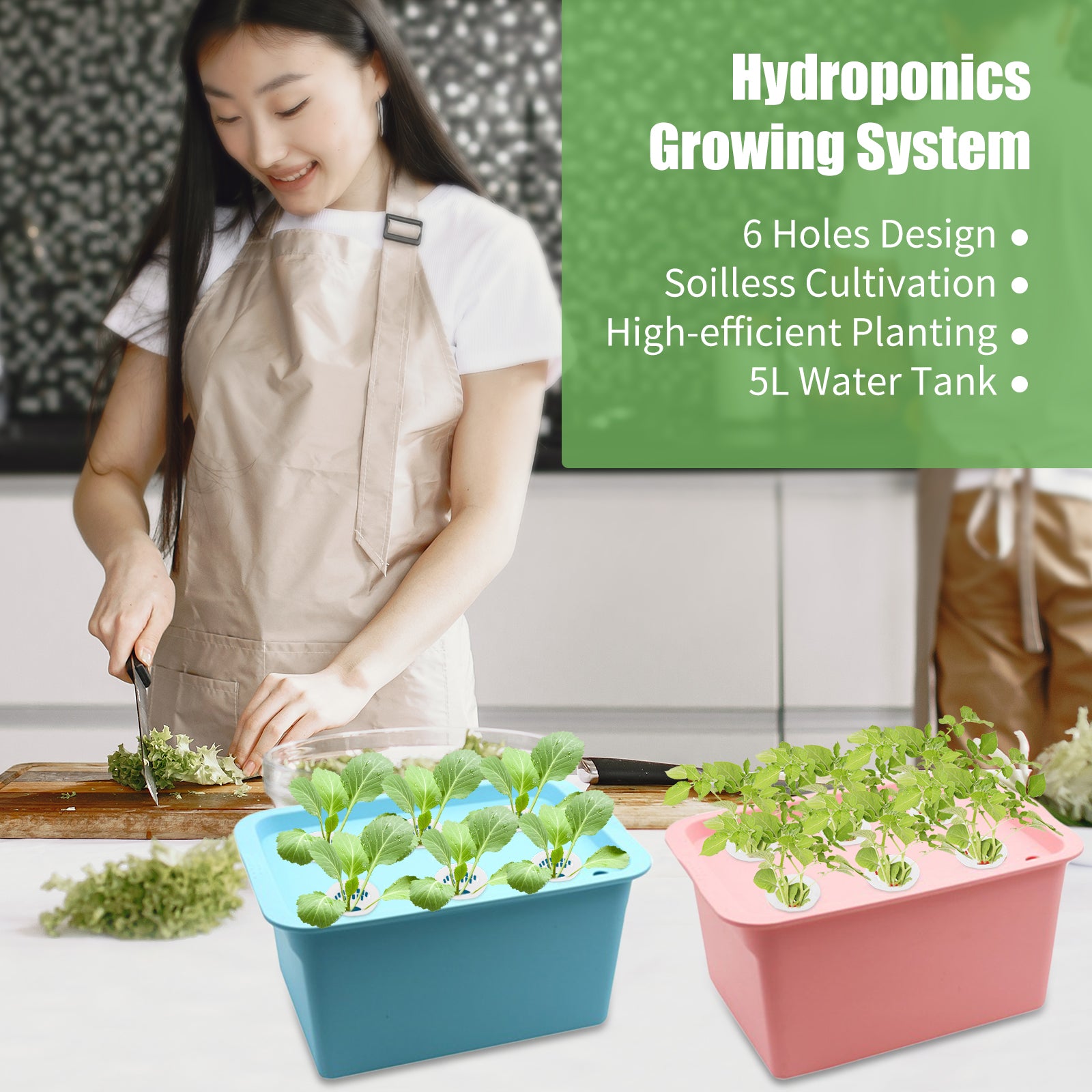 Hydroponics Growing System Cabinet Box 6 Holes Balcony Vegetable Growing Hydroponic Tank Kit Indoor Herb Garden Starter Kit Soilless Cultivation Planting Box for Home Gardening