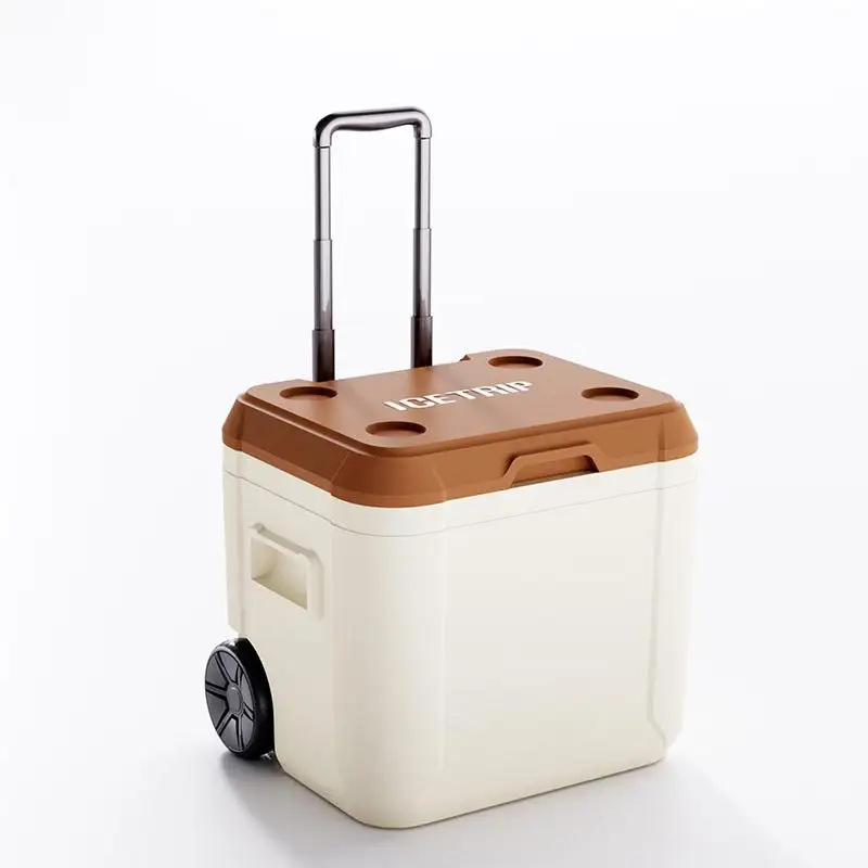 2023 Hot selling outdoor food grade material plastic portable table wheeled 52l cooler box with wheels and handle