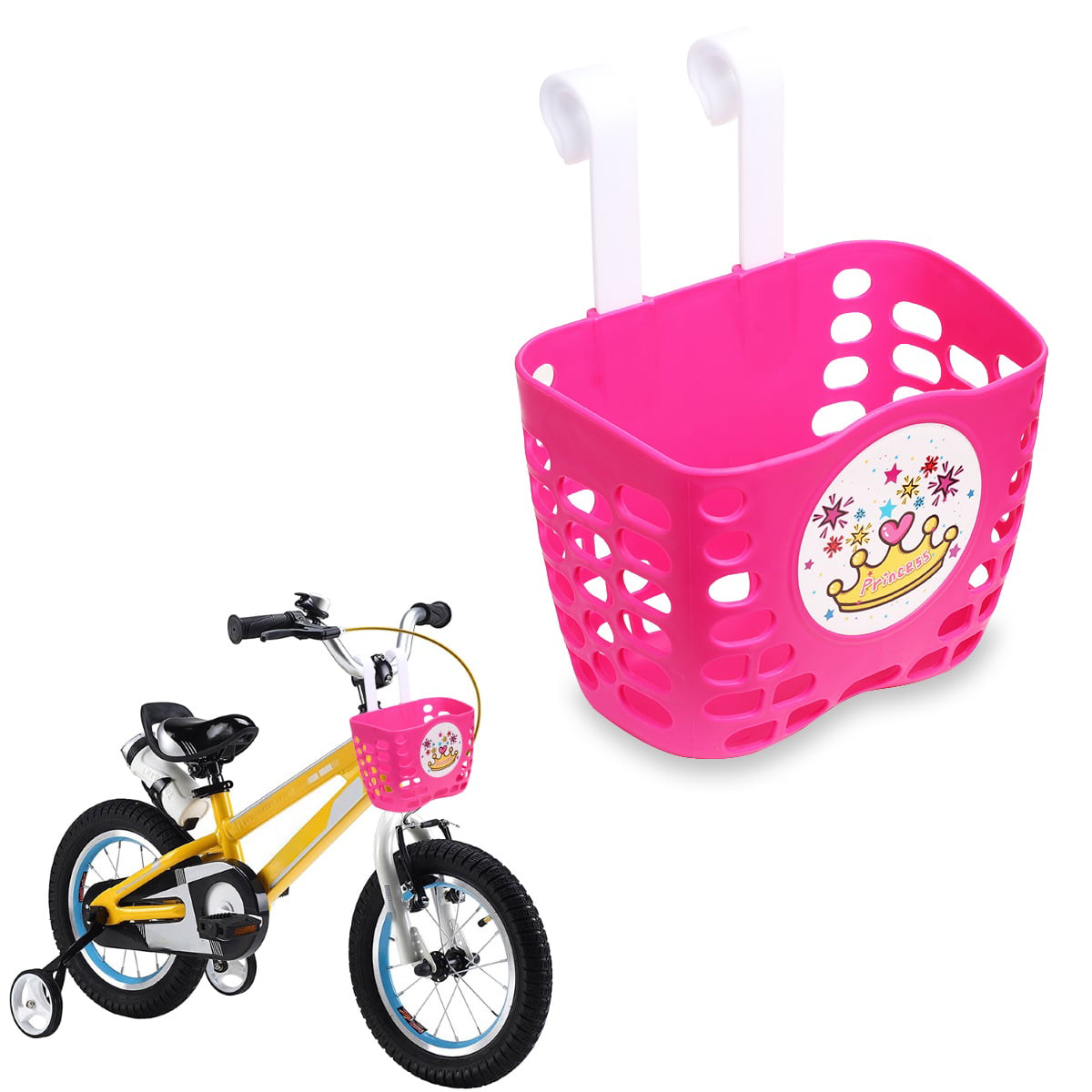 Kid's Bike Basket， Pink Cute Princess Crown Pattern Bicycle Front Handlebar Basket for Kid Girls