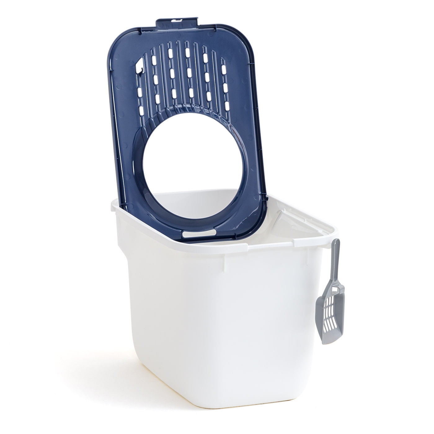 IRIS USA， Square Top White Entry Cat Litter Box with Navy Sand Catching Grooved Lid