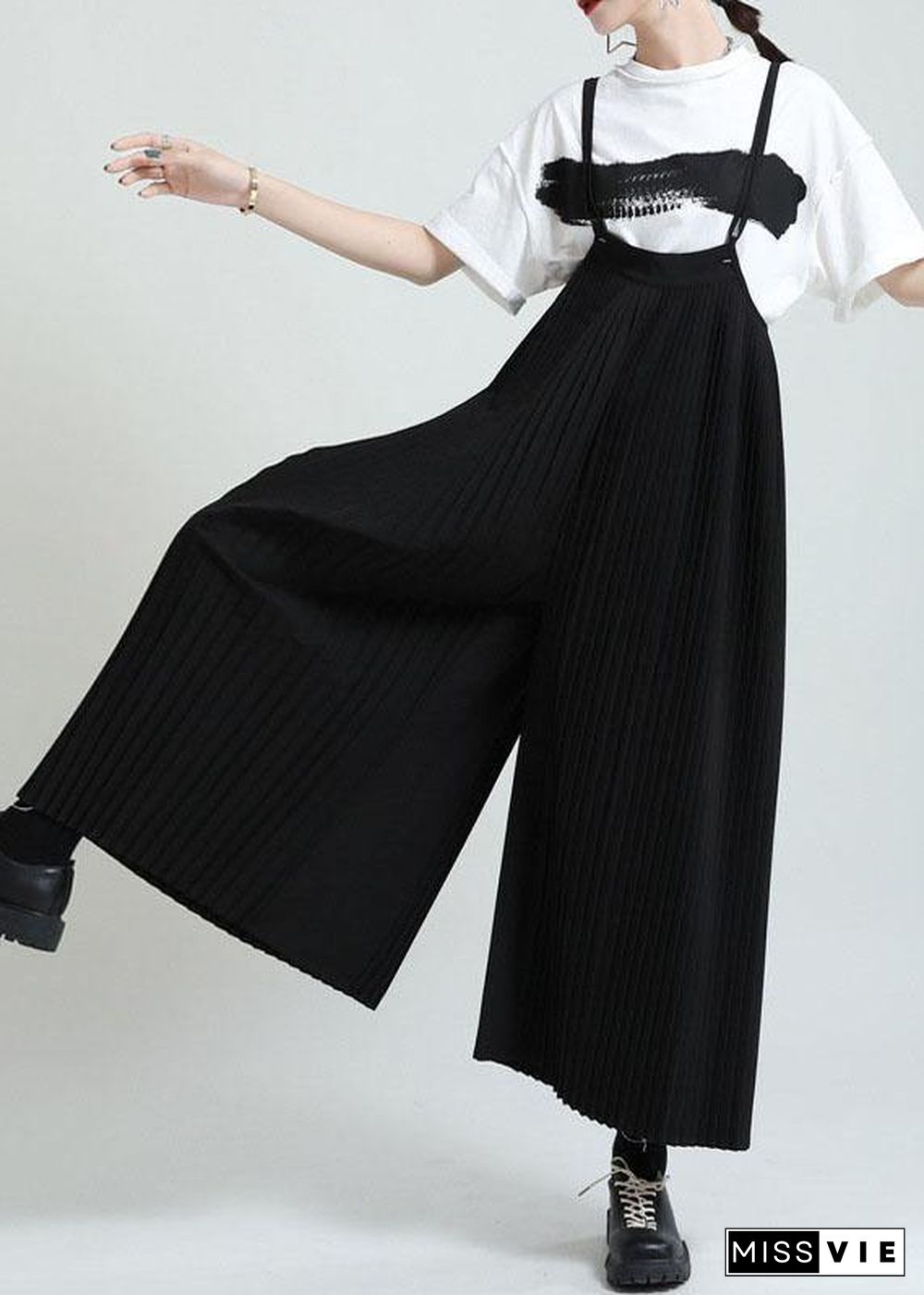 Casual Black High Waist Wrinkled Wide Leg Summer Jumpsuit