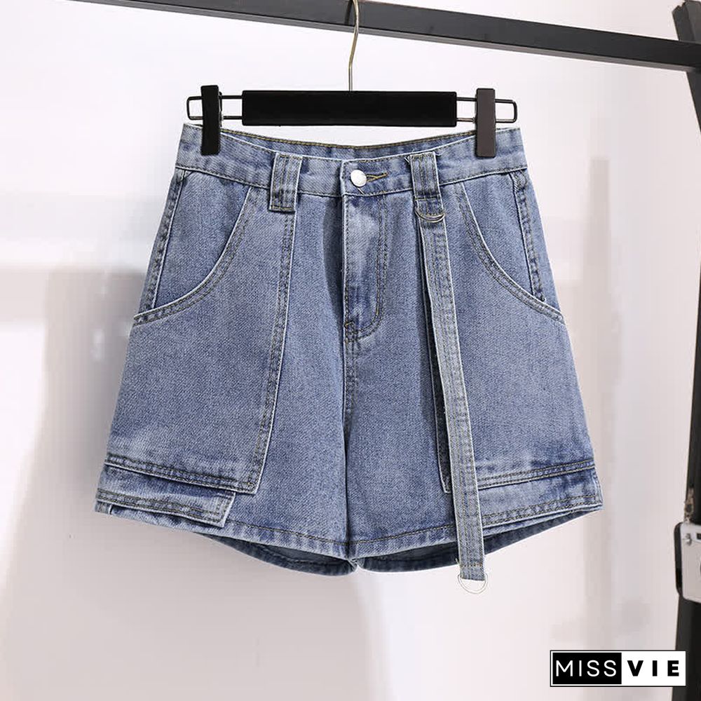 Vintage Print Loose Laple T-Shirt Pocketed Denim Shorts