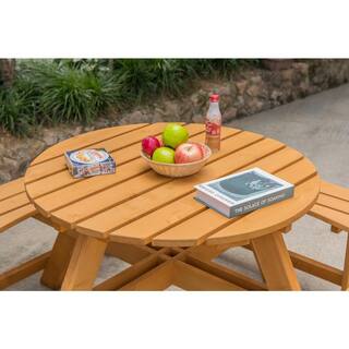 GARDENISED Stained 8-Person Round Wooden Outdoor Patio Garden Picnic Table with Bench QI003903.ST