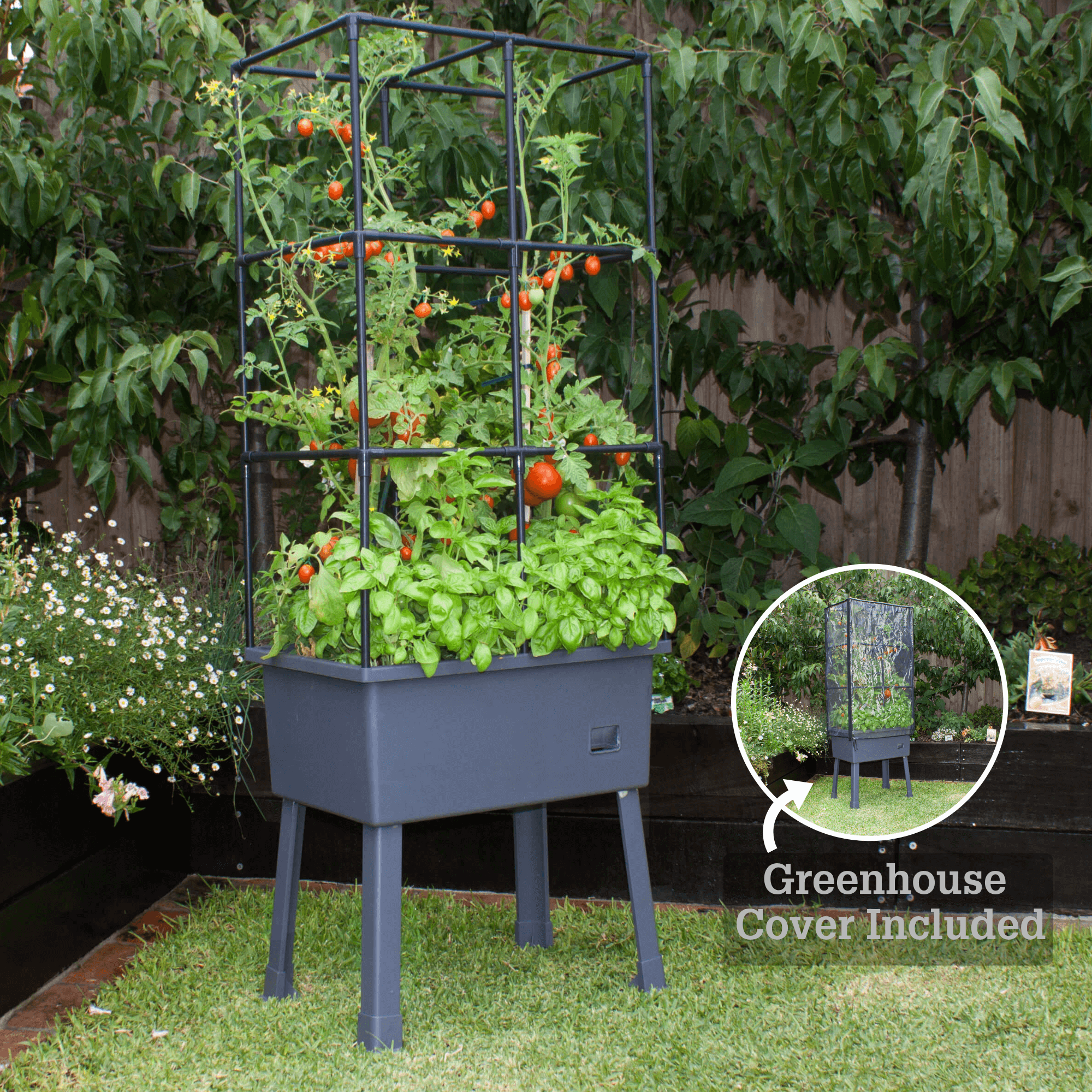 Frame It All Patio Ideas - 15.75" x 23.5" x 63" Self-Watering Elevated Planter with Trellis Frame and Greenhouse Cover