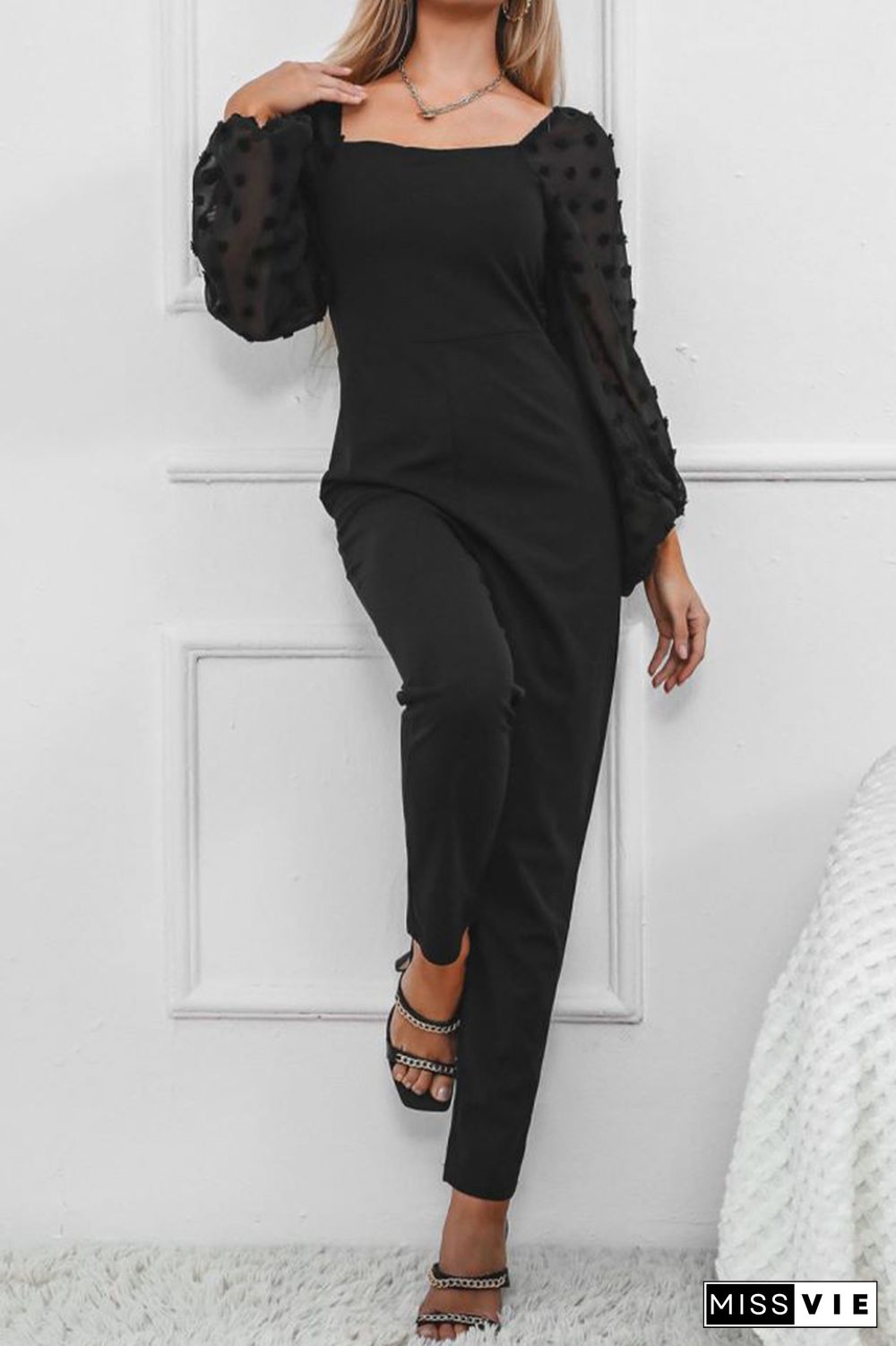 Black Polkadot Puff Sleeve Jumpsiuit