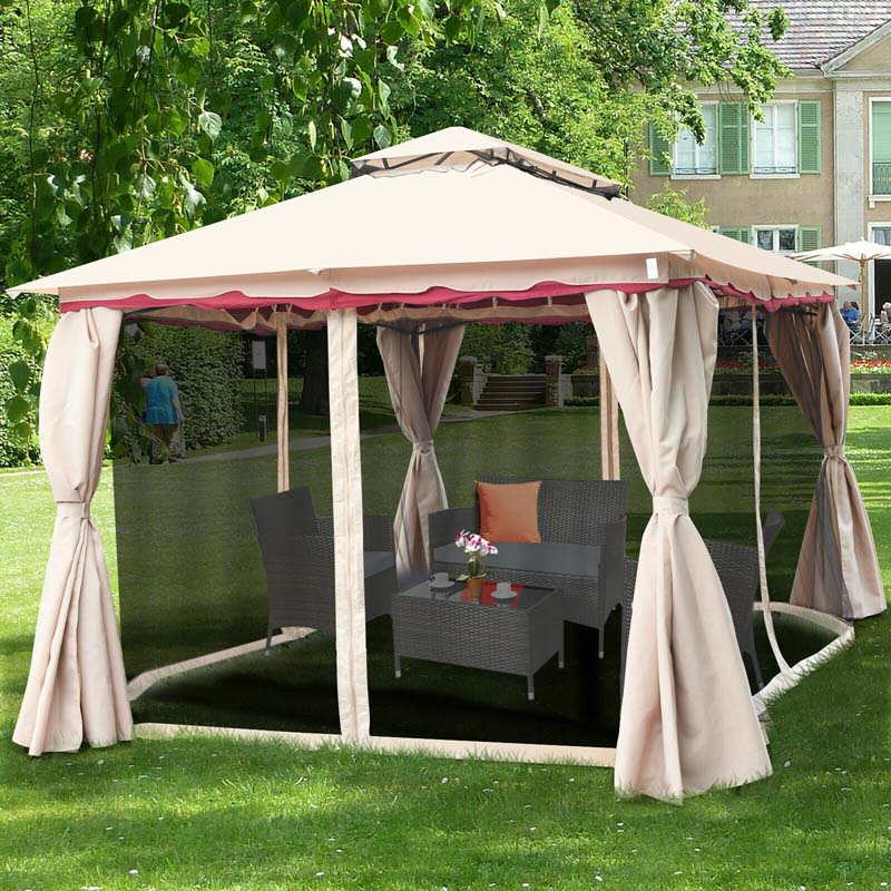 13 x 10 FT Patio Metal Gazebo with Netting & Sidewalls, 2 Tier Roof Large Outdoor Canopy Gazebo Tent