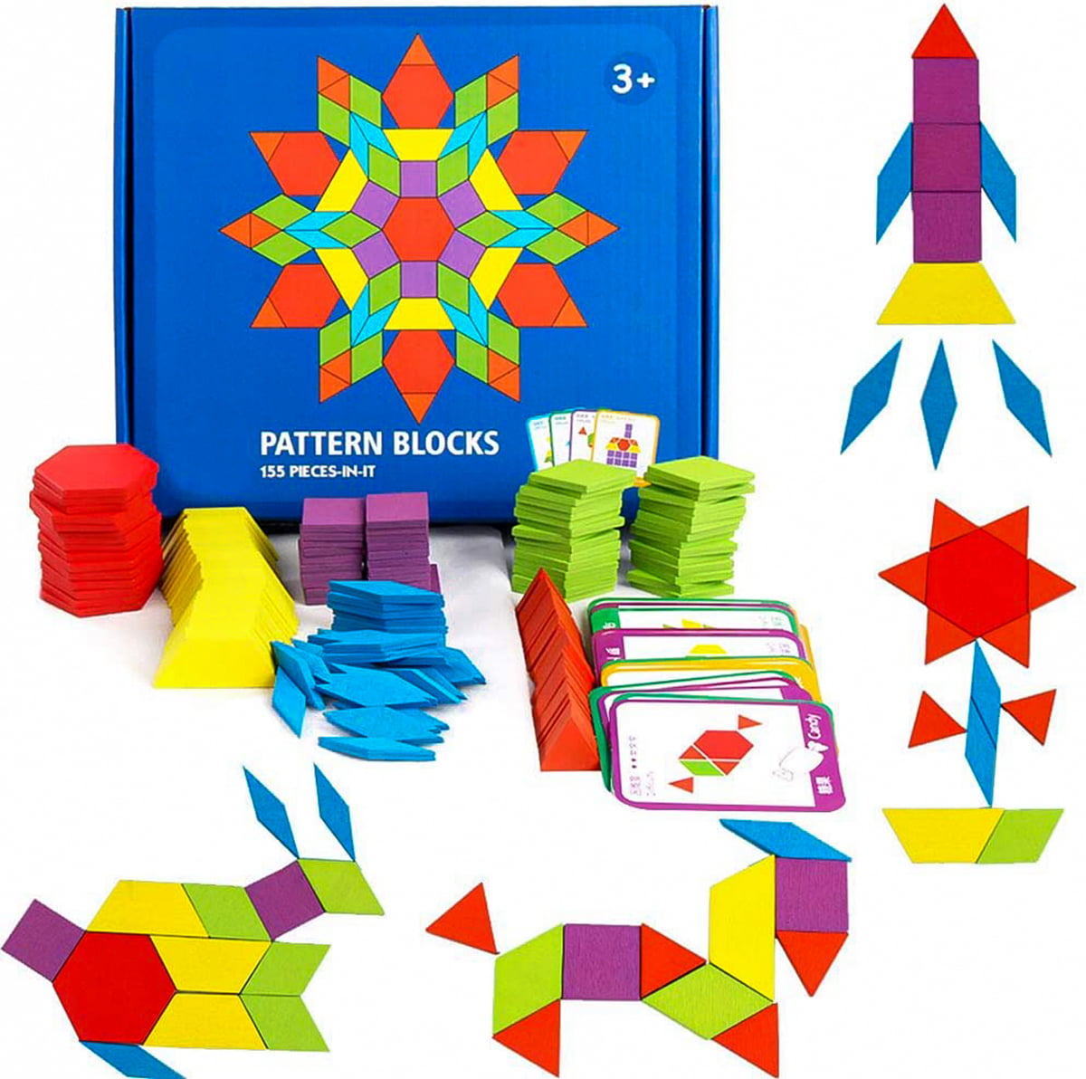 Wooden Pattern Blocks Sets for Kids， Geometric Shape Puzzle， Kindergarten Educational Montessori Tangram Toys， Ages 4-8