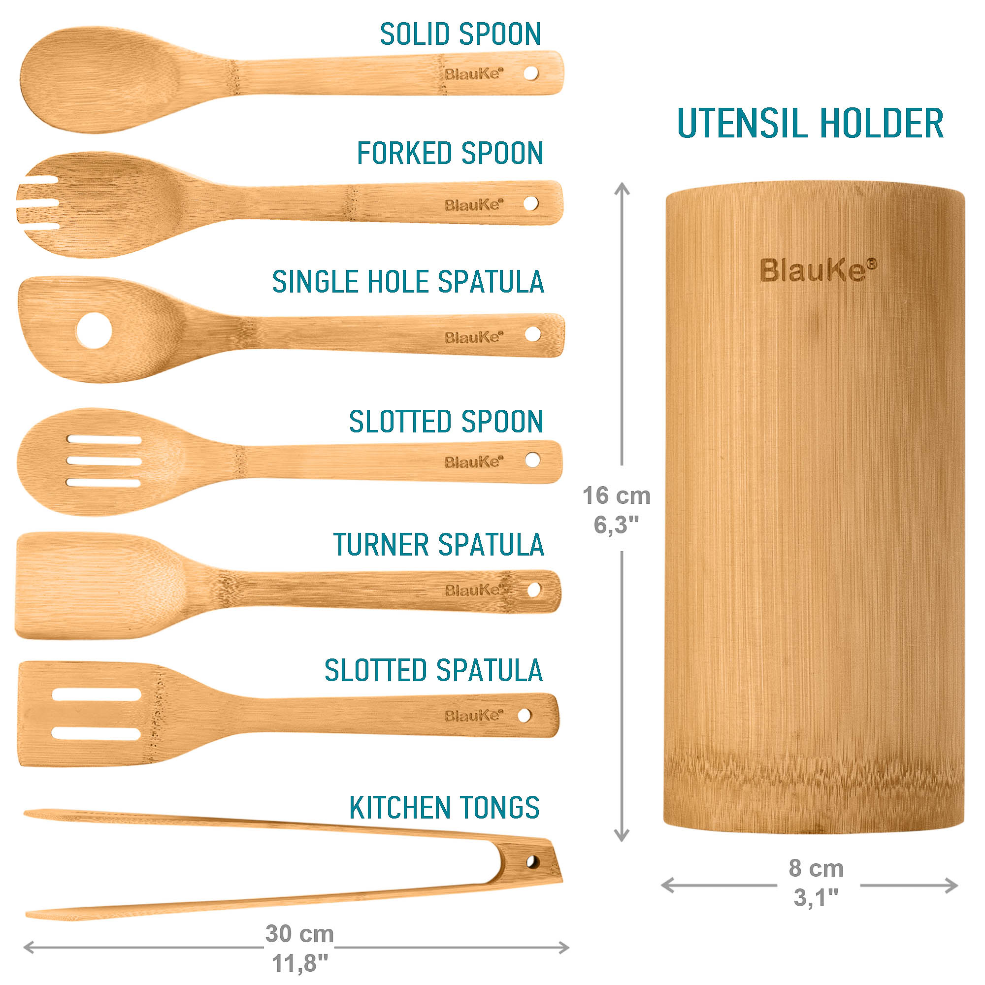 BlauKe® Wooden Spoons for Cooking 8-Pack – Bamboo Kitchen Utensils Set – Nonstick Wooden Cooking Utensils – Wood Spatula Spoon Tongs Utensil Holder