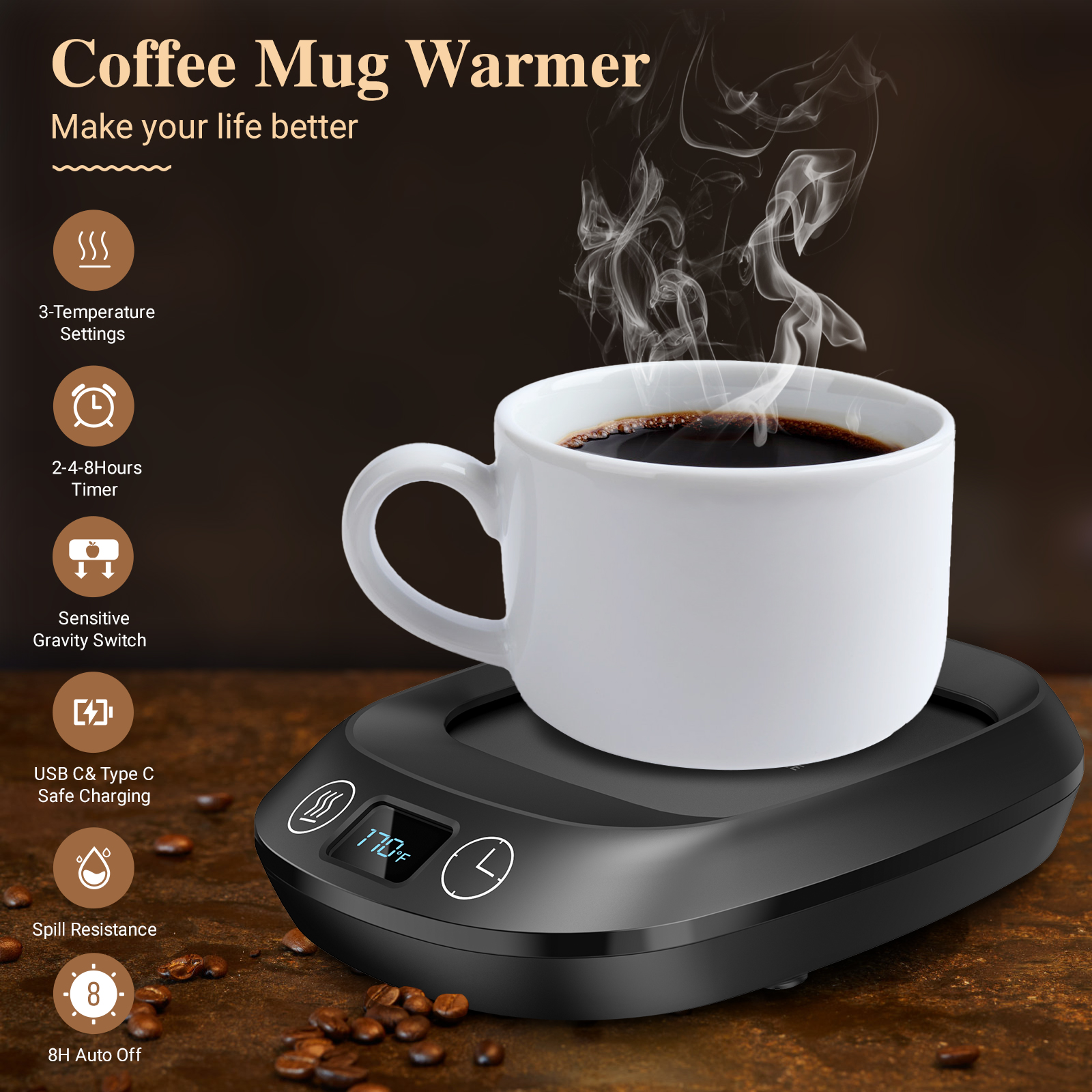 Coffee Mug Warmer，Electric Cup Warmer， Candle Warmer with 8H Auto Shut Off， 3 Temperature Setting 3 Timer with USB Charge for Home Desk Office Use