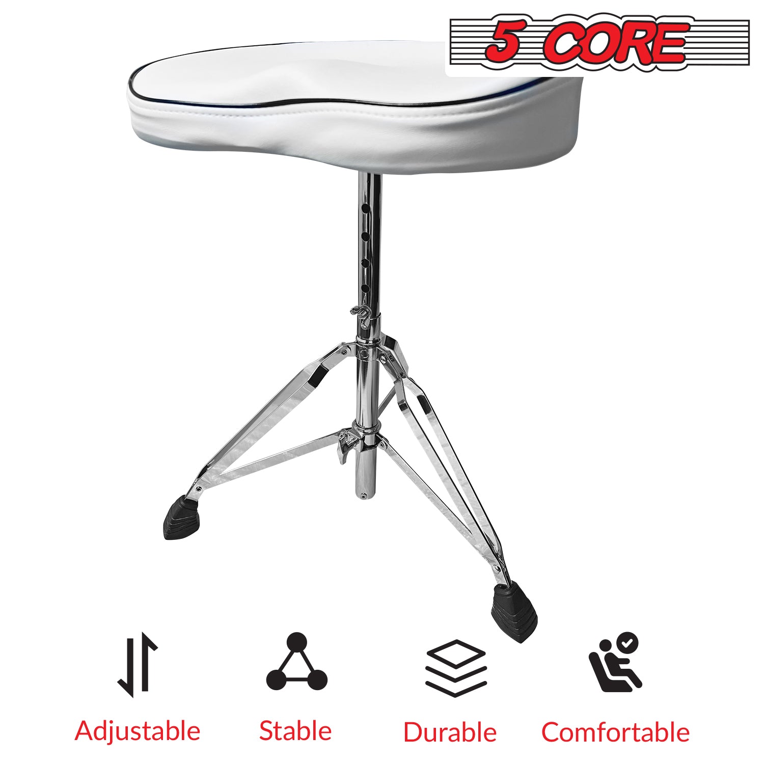 5 Core Drum Throne Saddle White| Height Adjustable Padded Comfortable Drum Seat with Two Drumsticks| Stools Chair Style with Double Braced Anti-Slip Feet, Comfortable Seat for Drummers, Guitar Players- DS CH WH SDL