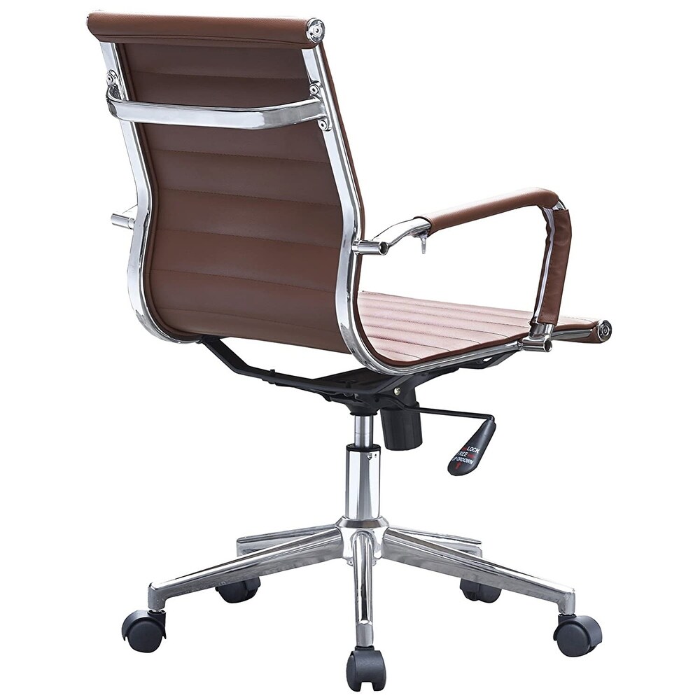 Mid Back PU Leather Executive Office Chair Ribbed Tilt Conference Room Boss Home Work Desk Task Guest With Arms