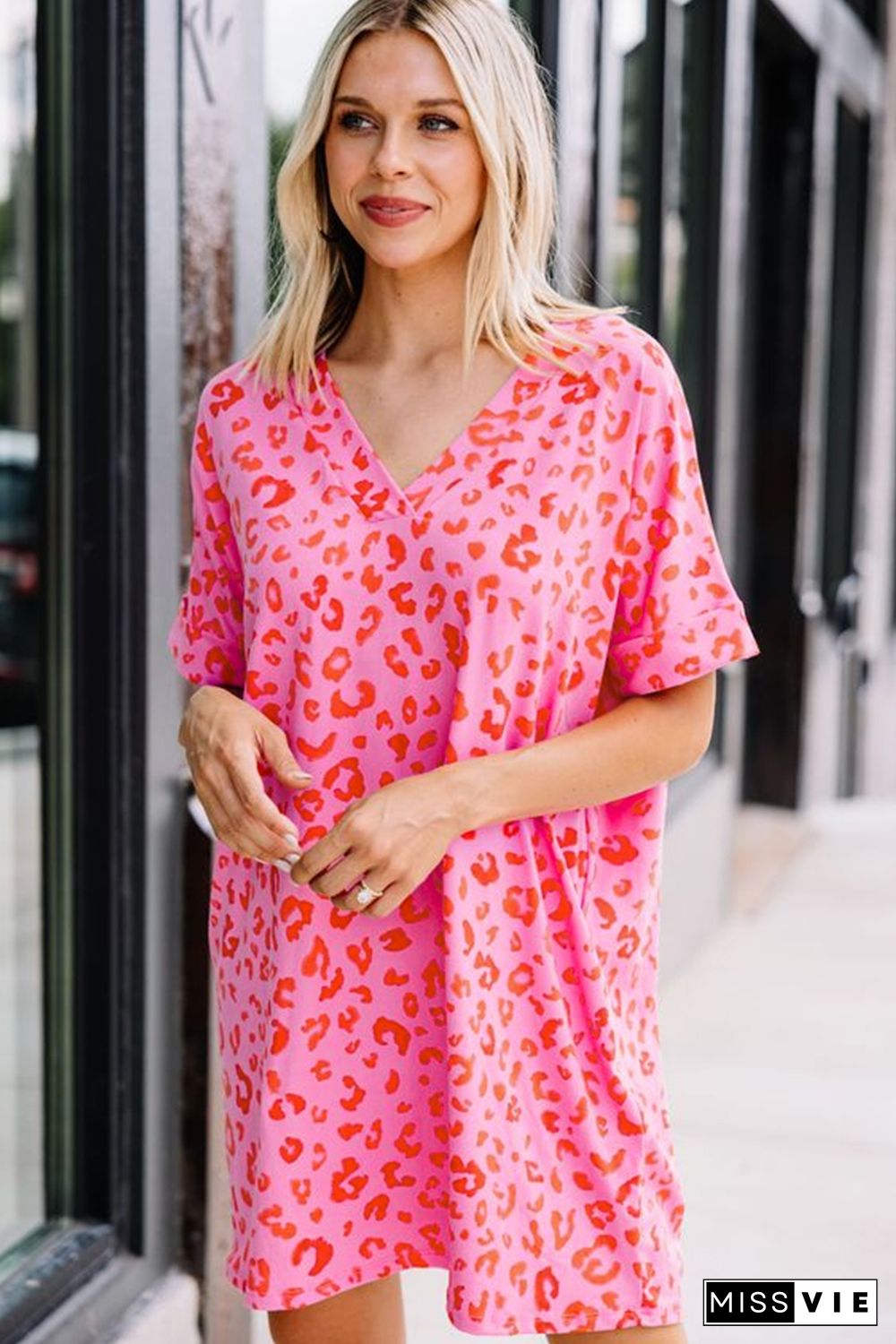 Pink Leopard Print V Neck Shift T-shirt Dress